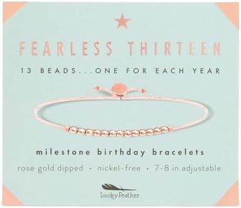 Lucky Feather Gifts for 13 Year Old Girl; 13th Birthday Bracelet with 13 Dainty 14K Rose Gold Dipped Beads on Adjustable Cord; Bat Mitzvah Gift