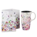 Ceramic Mug Porcelain Coffee Mug Tall Coffee Cup with Lid, Handle and Color Box Latte Mug, 17oz. Pink Flower