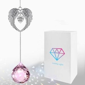 Memorial Crystal Suncatcher, Sympathy Gifts for Loss of Loved One, Angel Wing Clear Crystal Ball Window Suncatcher Gift Box for Remembrance (Pink)