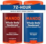 Mando Whole Body Deodorant For Men - Smooth Solid Stick - 72 Hour Odor Control - Aluminum Free, Baking Soda Free, Skin Safe - 2.6 Ounce (Pack of 2) (Bourbon Leather & Pro Sport)