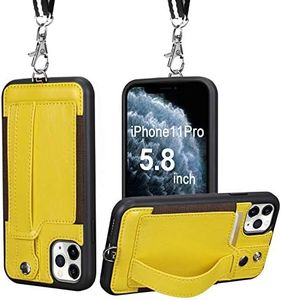 TOOVREN iPhone 11 Pro Case, iPhone 11 Pro Wallet Lanyard Neck Strap with Kickstand Leather Card Holder Adjustable Detachable Necklace, Phone Protective Back Cover for iPhone 11 Pro 5.8" 2019 Yellow