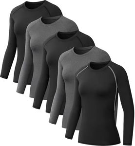NebuKinex 5 Pack Women's Compression Shirt Long Sleeve Workout Tops Athletic Baselayer Quick Dry Gym Yoga Running T-Shirt 3Black/2Grey XL