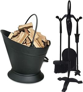 Almineez Companion Set 5 Piece Fireside Companion Tool Set Cast Iron Fireplace Wood Burner Coal Stove Accessories Set with Waterloo Coal Bucket Broom, Shovel, Tong & Poker with Stand