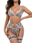 popiv Woman Sexy Lace Lingerie Set Embroidered Floral Bra and Panty Garter Belt Lingeries Sets