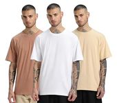 Veirdo® Pure Cotton White & Cork & Swanwhite Oversized Fit Half Sleeve Solid Round Neck T-Shirt for Men (PO3_OS_WT_CR_SW_XXL)