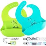 Dodo Babies Silicone Bib Set - 2 Soft, BPA-Free Food-Grade Silicone Bibs in Blue & Green - Easy-Clean, Wide Food Pockets, Adjustable Straps for Babies and Toddlers - Two Bonus Universal Pacifier Clips