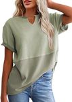 SHEWIN Women Spring Fashion 2025 Casual Short Sleeve Shirt Trendy Solid Color V Neck Tee Shirts Summer Ladies Top and Blouses,US 12-14(L),Light Green