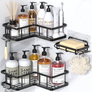 YASONIC Corner Shower Caddy Organizer, 3-Pack Self-Adhesive Rustproof Bath Shelves with Soap Holder & 4 Hooks, Large Capacity Shower Storage Rack for Bathroom Organization, Black