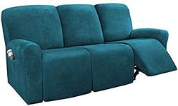 LINGKY 8-Pieces Recliner Sofa Covers Velvet Stretch Armchair Covers With Side Pocket Thick Soft Washable Sofa Covers 3 Seater Replacement Furniture Protector (Sofa, Deep Teal)