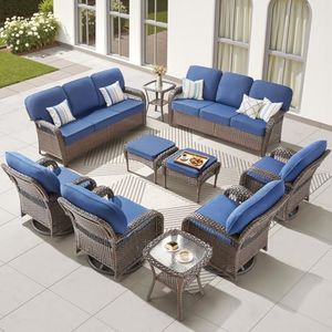 Buenhomino 10 Pieces Wicker Patio Furniture Sets Swivel Chairs, All Weather Wicker 3 Seater Sofa with Ottomans Rattan Side Table, Outdoor Conversation Furniture Set for Proch Sunroom Backyard, Blue