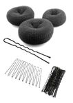 Nishi's Combo Hair Donut Bun Maker And Juda Pins (DonutJudaP-3(30), Hair Styling Tools Hair Donut Bun (Two Medium And One Small Size) With U-Pins (30 Pcs - 7Cm) Black