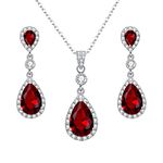 EleQueen 925 Sterling Silver Full Cubic Zirconia Teardrop Bridal Pendant Necklace Dangle Earrings Set for Women Ruby Color, Valentine's Day/Mother's Day/Christmas Jewerly Gift for Wife/Mom