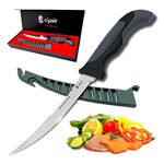 Meat Fillet Knife - Flexible and curved salty water resistant german steel 7 inch blade with sheath, sharpener and gift box, ideal for filleting and deboning indoor or outdoor.