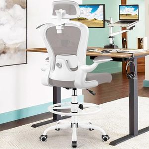 AtHope Drafting Chair, Tall Office Chair with 3D Lumbar & Head Support, Ergonomic Mesh Standing Desk Chair with Footring, Comfy Extended High Desk Chair with Flip-Up Arms & Hanger (Gray)