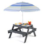 GYMAX Kids Picnic Table and Bench Set, 4 in 1 Toddler Sand and Water Table with Detachable Umbrella & Tabletop and 3 Removable Bins, Wooden Children Activity Table for 3+ Years Old Boys Girls