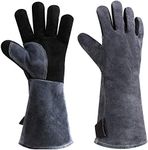 OZERO 932°F Heat Resistant Welding Gloves 16 inches Cowhide Leather - Long Sleeve and Insulated Lining BBQ Glove for Tig Welder/Mig/Grill/Barbecue/Stove Black-gray