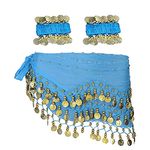 Belly Dance Hip Scarf with Bracelet, 128 Coins Belly Dance Skirt Wrap Belt with Wrist Ankle Bracelets, Dance Skirt Belt Waist Chain for Belly Dance, Zumba or Yoga Class, Performance Costume Blue