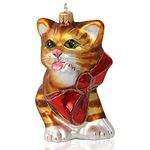 Limited Edition Kurt Adler Cat with Red Bow Hand Blown Christmas Tree Ornament - Festive Animal Christmas Ornaments, Unique Gifts and Decor - Exclusive Keepsake Made in Poland