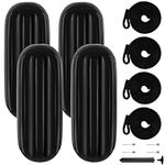 Boat Fenders 4 Pack 10 x 26 Inch, Hole Through Middle Vinyl Boat Fender Bumpers, Boat Bumpers for Docking Come with Ropes Needles and Pump, Inflatable Ribbed Large Fender for Pontoon Yacht - Black