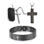 Flongo Men's Vintage Stainless Steel Black Cross Silver English Bible Lords Prayer Religious Link Wrist Bracelet for Christmas Thanksgiving New Year Gift (Set 1)