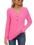 Womens Long Sleeve Tops Casual V Neck Jumpers Ladies Solid Lightwight Knit Tunic with Button Hot Pink