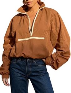 Faleave Women's Half Zip Windbreaker Jacket Oversized Pullover Track Coat(Brown-XL)