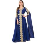 AFAVOM Moroccan Kaftan Dress for Women Abaya Golden Lace Dress Handmade Embroidered Islamic Ramadan Eid Dress Traditional Arabic Dubai Muslim Prayer Robe Wedding Party Gown Royal Blue L