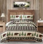 MINCHI Cabin Bear Quilts Twin Size Lightweight Rustic Plaid Bedspread Lodge Coverlet All Season Forest Tree Home Bedding Decor with 2 Pillowshams (Coffee Green, Twin)