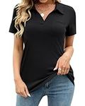 RIROW Womens V Neck Polo Shirts Black Short Sleeve Collared Tops Loose Casual Pocket Tunic 2024 New