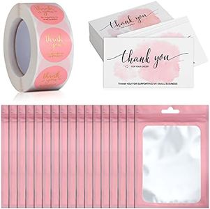 620 Pieces Thank Cards and Stickers Set Gold Foil for Supporting My Small Business with Resealable Packaging Bag, Suitable Owners(Pink)