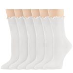 Yawlsow Women's Ruffle Socks, 6Pairs Cute Frilly Ankle Turn-Cuff Casual Socks, Frilly Edged, Knit Cotton Lettuce Crew sock, White Crew, One Size