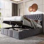 BTM Upholstered Bed, Super King Size Bed-6FT(180 * 200cm), Super King Bed Frame with Storage, Ottoman Bed King Size with Hydraulic Lever & Rivet Decoration, No Mattress, Velvet, Grey