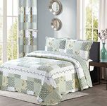 (King / Cal King Size, Blue & Green) - All American Collection New Reversible 3pc Floral Printed Patchwork Blue/Green Bedspread/Quilt Set