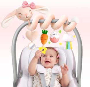 Stuffed Pink Bunny Spiral Car Seat Toys for Baby Girls 0-6 Months, Infant Stroller Toy with Plush Carrot & Star Teether Hanging, Baby Registry Search & Shower Gifts for Newborn Girls