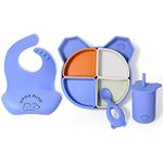 Little Puto™ 4 Pack Cute Design Premium Silicone Baby Feeding Set / Non Slip Plate for Babies & Toddlers, 4 bowls, Adjustable Bib, Spill-Free Sippy Cup & an Easy to Grip Spoon / Non-Toxic Food Grade Silicone Plate Set for kids / Microwave Safe & Dishwasher Safe