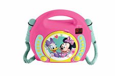 Lexibook Disney Junior Minnie Mouse CD player for kids with 2 toy microphones, headphones jack, with batteries, pink, RCDK100MN