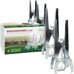 GARDIGO® Wühlmausfalle mit festgekettetem Köderplättchen - 4er Set I Wiederverwendbare Wühlmauszangenfalle für den Garten I Beidseitige Fangmöglichkeit I Korrosionsbeständige Wühlmauszange