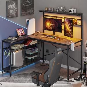 Bestier Gaming Desk 51" L-Shaped, with Power Outlets & LED Lights- 4 Tier Shelves, Reversible Gamer Table with Hooks & Cup Holder for Home Office Black Marble