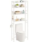 Rolanstar Over The Toilet Storage, 4-Tier Wooden Bathroom Space Saver with Hooks, Freestanding Bathroom Organizer, Multifunctional Over The Toilet Storage Rack, Bathroom Toilet Rack, White