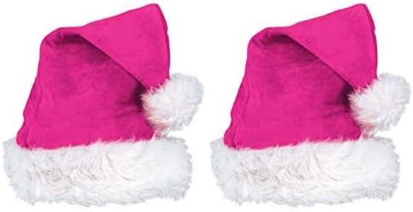 Beistle Cerise Pink Santa Hats with White Trim, 2 Pieces – Christmas Themed Caps, Dress-Up Costume Accessories, Winter Party Supplies, Kris Kringle Holiday Headwear, Seasonal Festivities