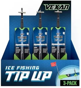 Vexan Ice Fishing Tip Up – High Visibility Green with Reflective Strike Indicator Flag - 18" Max Span - Tangle-Free Storage, Rapid Deployment, Compact & Durable for Winter Fishing - 3 Pack