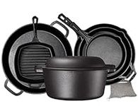 Bruntmor Pre Seasoned Kitchen Utensils Set Durable Cast Iron 8 Pc Bundle Pots and Pans Set Double Dutch Oven, 16" Pizza Pan, 3 Cast Iron Skillets & Square Grill Pan, Frying Pan| Giftable Cookware Set