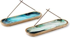 Folkulture Incense Holder or Incense Burner, Incense Holder for Sticks or Wooden Incense Tray for Sticks, Modern Insence-Stick Holder, Ash Catcher, Mango Wood, Set of 2, Blue and Green Agate