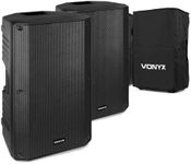 Vonyx VSA150S 15" Active DJ Speakers Pair with Bluetooth, 1000W Powered PA System, 2x Protective Speaker Bags, USB MP3, EQ, Microphone Guitar Inputs for Live Events