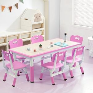 GarveeHome Kids Table and 6 Chair Set - Height Adjustable, Multifunctional Desk, Ergonomically Designed Chairs, Max 300lbs, for Ages 2-10, Classroom, Daycares, Home