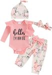 Newborn Girl Spring Long Sleeve Romper Clothes Set I’M NEW Here Letter Bodysuit Flower Print Pants Hat and Bow Headband 4Pcs Set Outfit (Pink, Newborn)