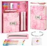 WeiAlico Secret Diary with Lock for Girls Ages 8-12, Ready-to-Gift Journal Set with Combination Lock, 256 Pages, Pen Pouch, Gel Pens & Bracelet, Cute Birthday Christmas Gift for Tween Girls( Pink Marble)