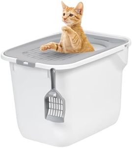 IRIS USA Cat Litter Box, Large Cat Box Enclosure, Top Entry with Litter Catching Lid, Enclosed with Scoop, White/Gray