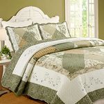 Cozy Line Home Fashions Floral Real Patchwork Green Beige Khaki Yellow Country, 100% COTTON Quilt Bedding Set, Reversible Coverlet Bedspread, Scalloped Edge,Gifts for Women (Laura, Queen - 3 piece)