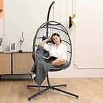 SWITTE Egg Hanging Chair with Stand,Swing Hammock Basket Chair,Indoor Outdoor Patio Lounge Chair,Wicker Rattan Chair with UV Resistant Cushion for Bedroom Balcony Porch Garden 350LBS Capacity(Gray)